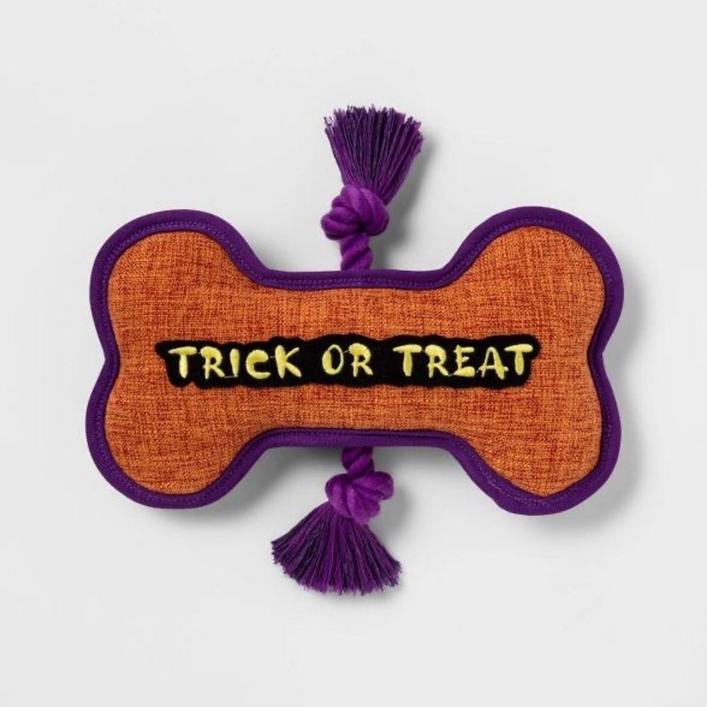 Trick or Treat Word Bone with Rope Slider Dog Toy nwt